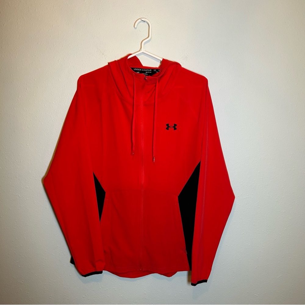 Under Armour Men's Size S Jacket High Visibility Red Full Zip Pockets Rain Hood